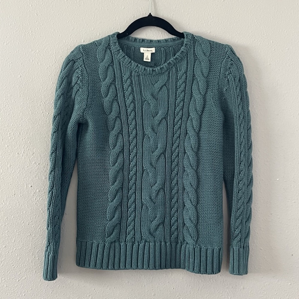 L.L.Bean‎ Cable Knit Sweater Women's Small Petite Teal Cotton Preppy Coastal